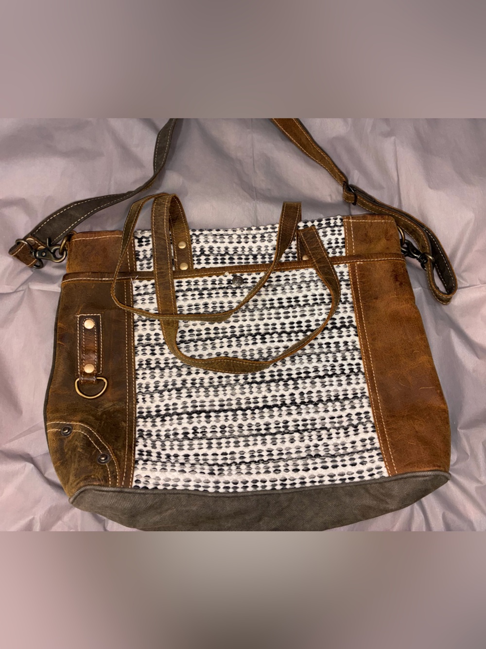 Myra Bag Brown and Black/White Woven Tote